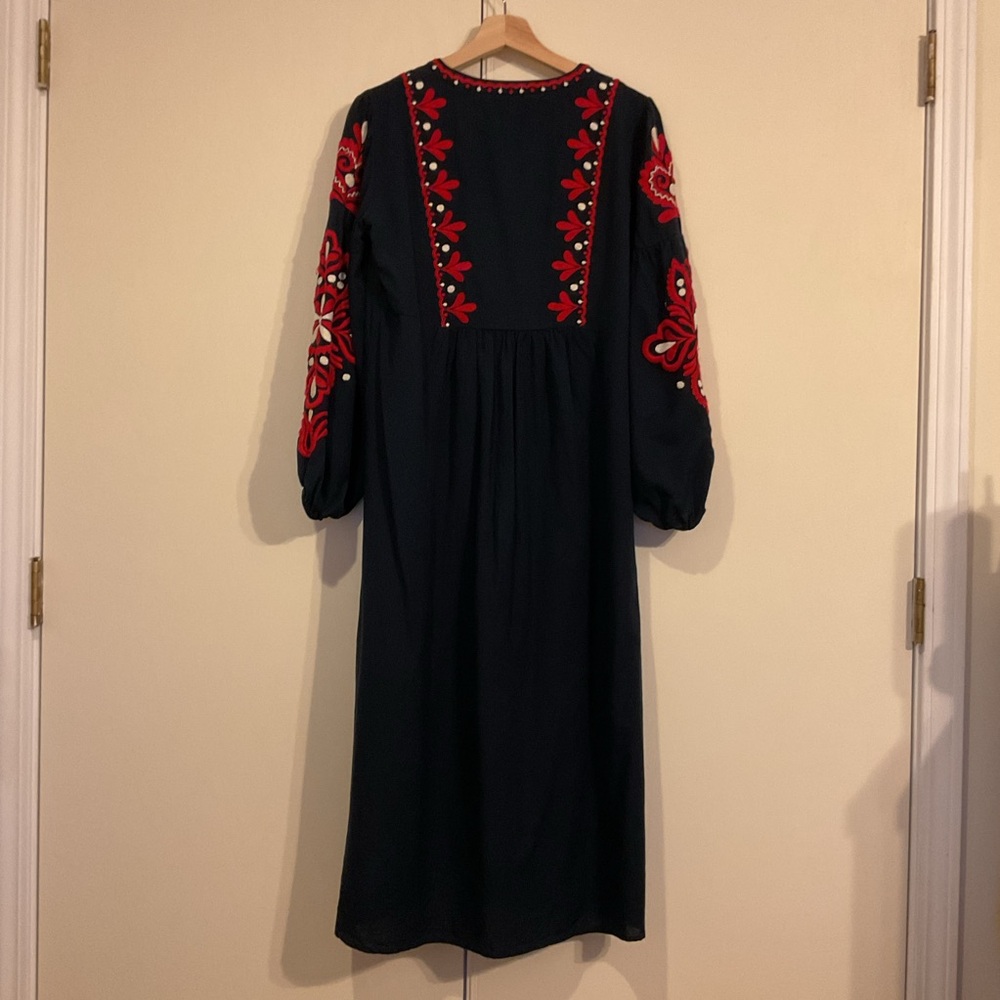 Zara Woman Boho Navy Blue Red Embroidered Tunic Long Sleeve Midi Dress Women’s L - Picture 3 of 14